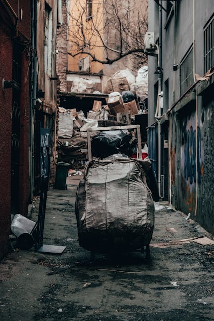 A narrow urban alleyway filled with an assortment of discarded rubbish and household waste. In the foreground, a large, grey, wheeled rubbish bin covered with a weathered, crinkled plastic bag sits on
